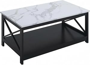 Furnifact White Faux Marble/Black Oxford Coffee Table with Shelf MDF Construction Durable Design Contemporary Style for Living Room and Office Use