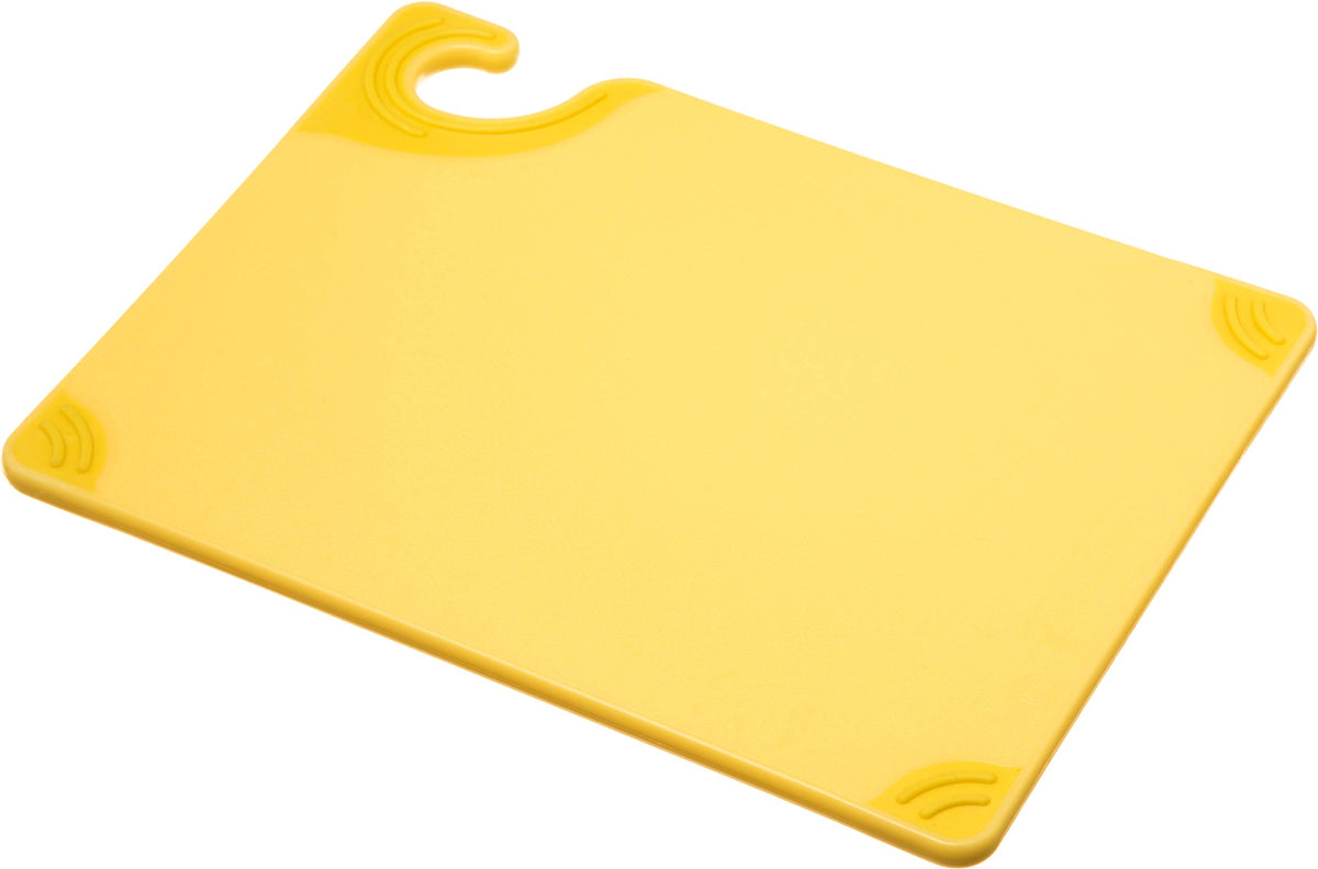 Saf-T-Grip Plastic Cutting Board with Safety Hook by San Jamar – 12"L x 9"W, Co-Polymer, Yellow, Model CBG912YL