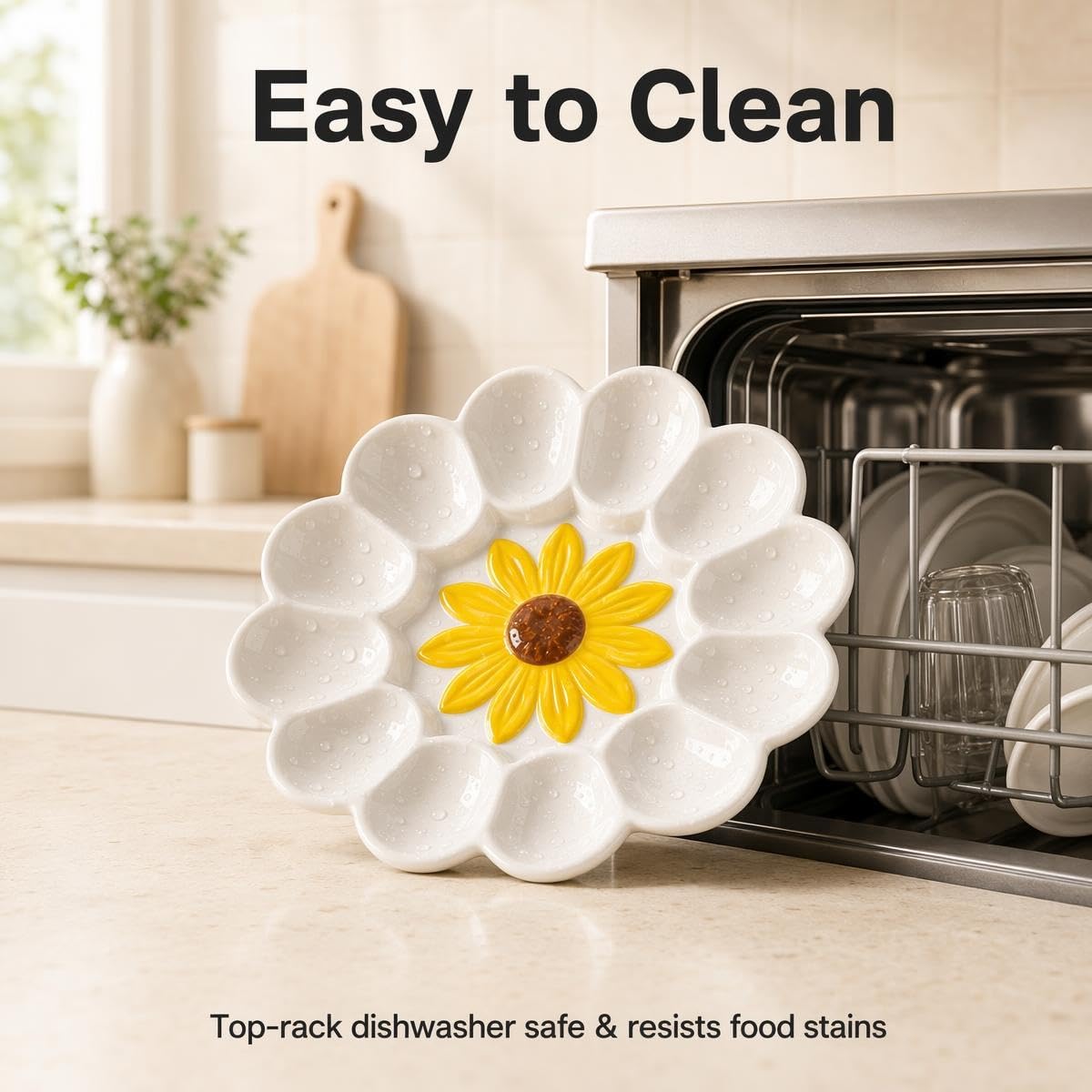 YU&CH Deviled Egg Plate, 12 Slots, White Sunflower