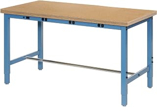 Global Industrial 96" W x 36" D Adjustable Height Workbench, Power Apron, 1-1/2" Thick Shop Top Square Edge, Blue