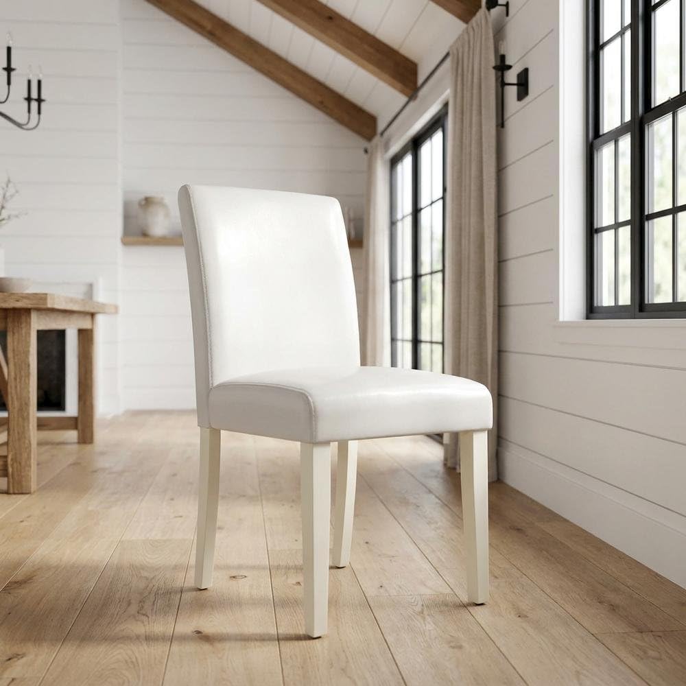 Faux Leather-Upholstered Parsons Dining Chair by Furnifact – Rubberwood, Linen White, Pack of 2