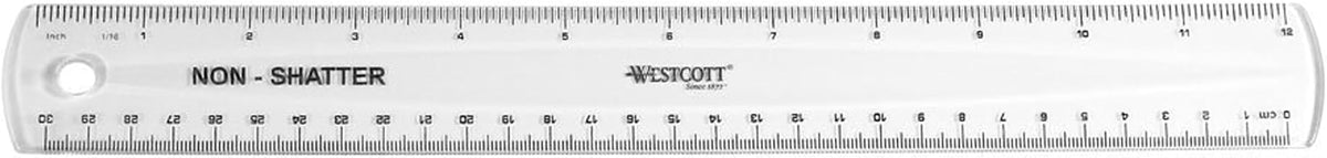 Westcott Shatterproof Ruler, Design with Easy-to-Read Markings, Back-to-Classroom, 12-Inch