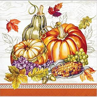 Creative Converting Thanksgiving Cornucopia Beverage Napkins, 5" x 5", Burgundy, Orange, Green, and Ivory