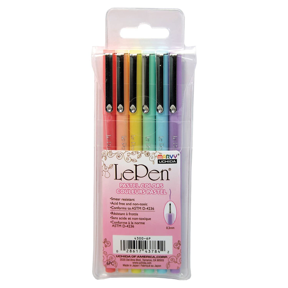 Marvy LePen Micro-Fine Point Pen by Uchida – Plastic, Yellow, Coral Pink, Pale Blue, Wisteria, Peppermint, Pastel Peach, Model UCH43006P-2