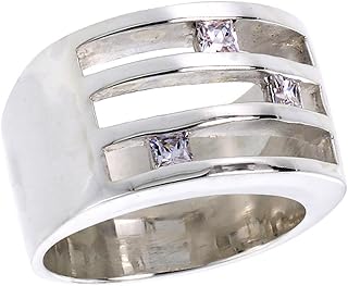 12mm Sterling Silver Cubic Zirconia 3-Stone Ring for Women Channel Set Princess Cut 3-Row ½ inch Wide Flawless Polished Finish Sizes 6-10