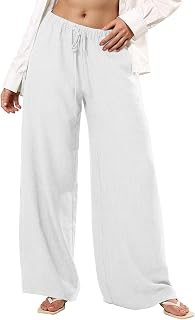 Womens Casual Pants Flowy Lounge Linen-Like Loose Fit Wide Leg Trousers