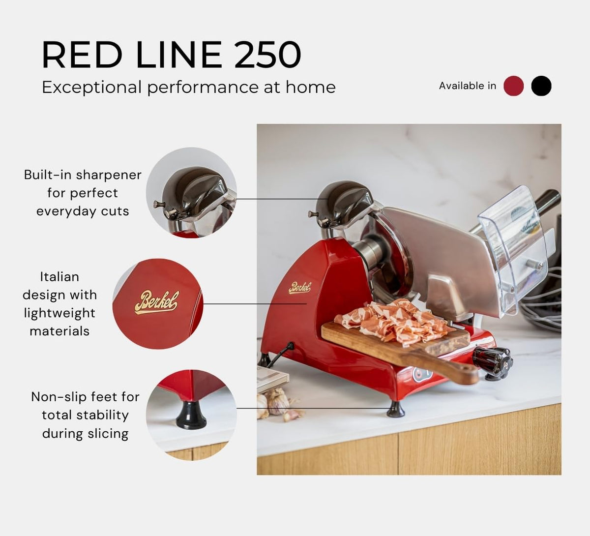 Red Line 250 Electric Slicer by Berkel – Red Line 250, 10" Blade, 7.0 cubic_inches, Aluminum Alloy Steel, Red, Model RSEGM0U000000