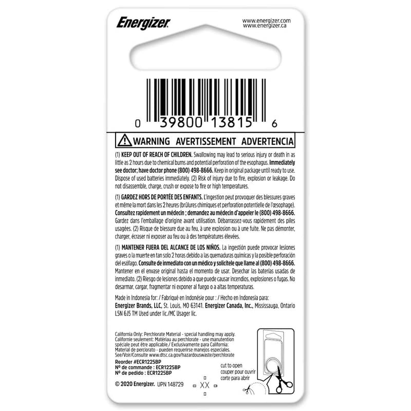 Lithium 1225 Battery by Energizer – One Size, Plastic, No Color, Model ECR1225BP