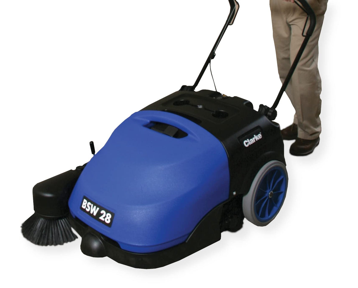 Clarke BSW 28 Commercial Battery Sweeper 28 Inch by Clarke International – 39"L x 31"W x 24"H, Roto-mold, Blue, Model 9084705010