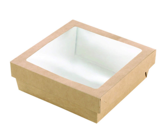 PacknWood 210KRAYB155 Kraft Kray Boxes with PET Window Lid - 34oz 5.5 x 5.5 x 2in - 250 pcs