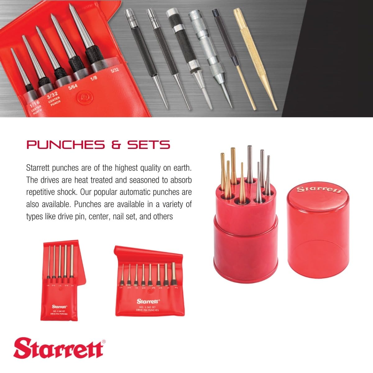 Extra-Long Drive Pin Punch Set by Starrett – 5 Piece Set, Alloy Steel, Chrome, Model S248PC