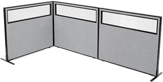 Global Industrial 48-1/4"W x 42" H Freestanding 3-Panel Corner Room Divider with Partial Window, Gray
