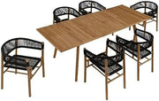 Modway Vienna Outdoor Patio Teak Wood 7-Piece Dining Set in Natural Black – Weather-Resistant Patio Table and Chairs for 6 – 71” to 94.5” Extendable Table with Woven Rope Curved-Back Armchairs