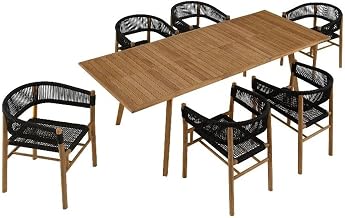 Modway Vienna Outdoor Patio Teak Wood 7-Piece Dining Set in Natural Black – Weather-Resistant Patio Table and Chairs for 6 – 71” to 94.5” Extendable Table with Woven Rope Curved-Back Armchairs