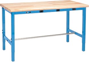 Global Industrial 72" W x 30" D Adjustable Height Workbench, Power Apron, 1-3/4" Thick Maple Top Safety Edge, Blue