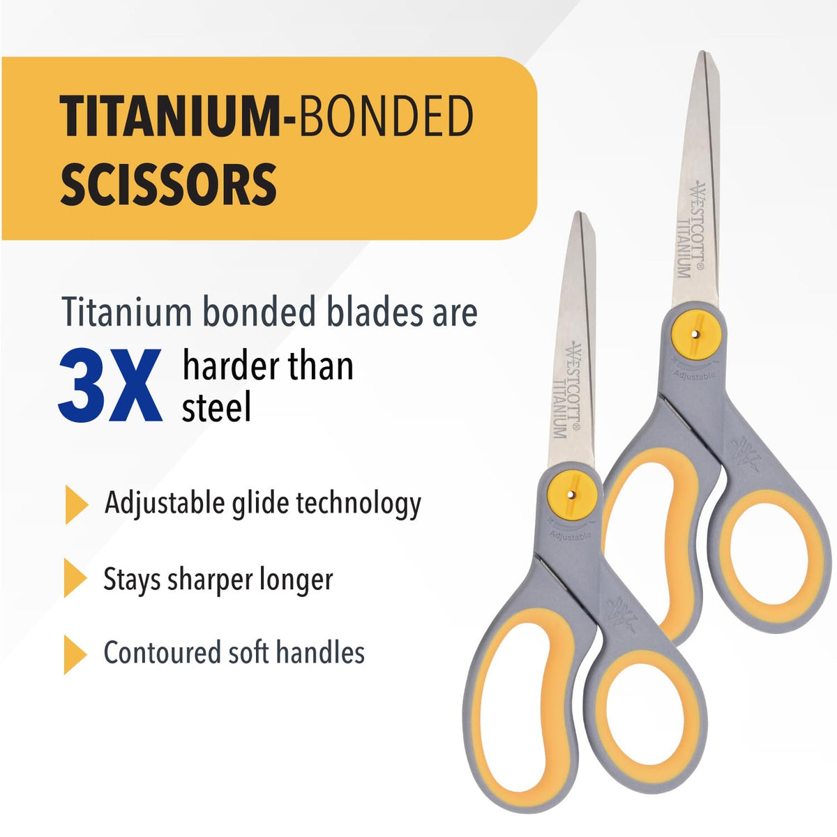 8” Titanium Bonded Scissors with Adjustable Glide and Soft Handle by Westcott – 2-Pack, Titanium Bonded, Gray/Yellow, Model 13901