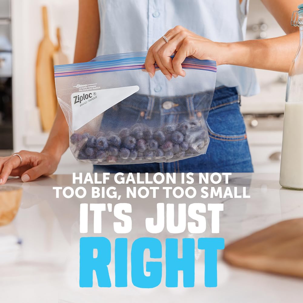 Half Gallon Food Storage Freezer Bags by Ziploc – Half Gallon, 1.89 liters, Pack of 9, Model 386241