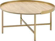 34" Tray Top Coffee Table, Round Coffee Table with Cross Bar Metal Base, Mesa De Centro para Sala with Composite Wood Surface for Contemporary Home Space, Gold,Oak