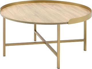 34" Tray Top Coffee Table, Round Coffee Table with Cross Bar Metal Base, Mesa De Centro para Sala with Composite Wood Surface for Contemporary Home Space, Gold,Oak