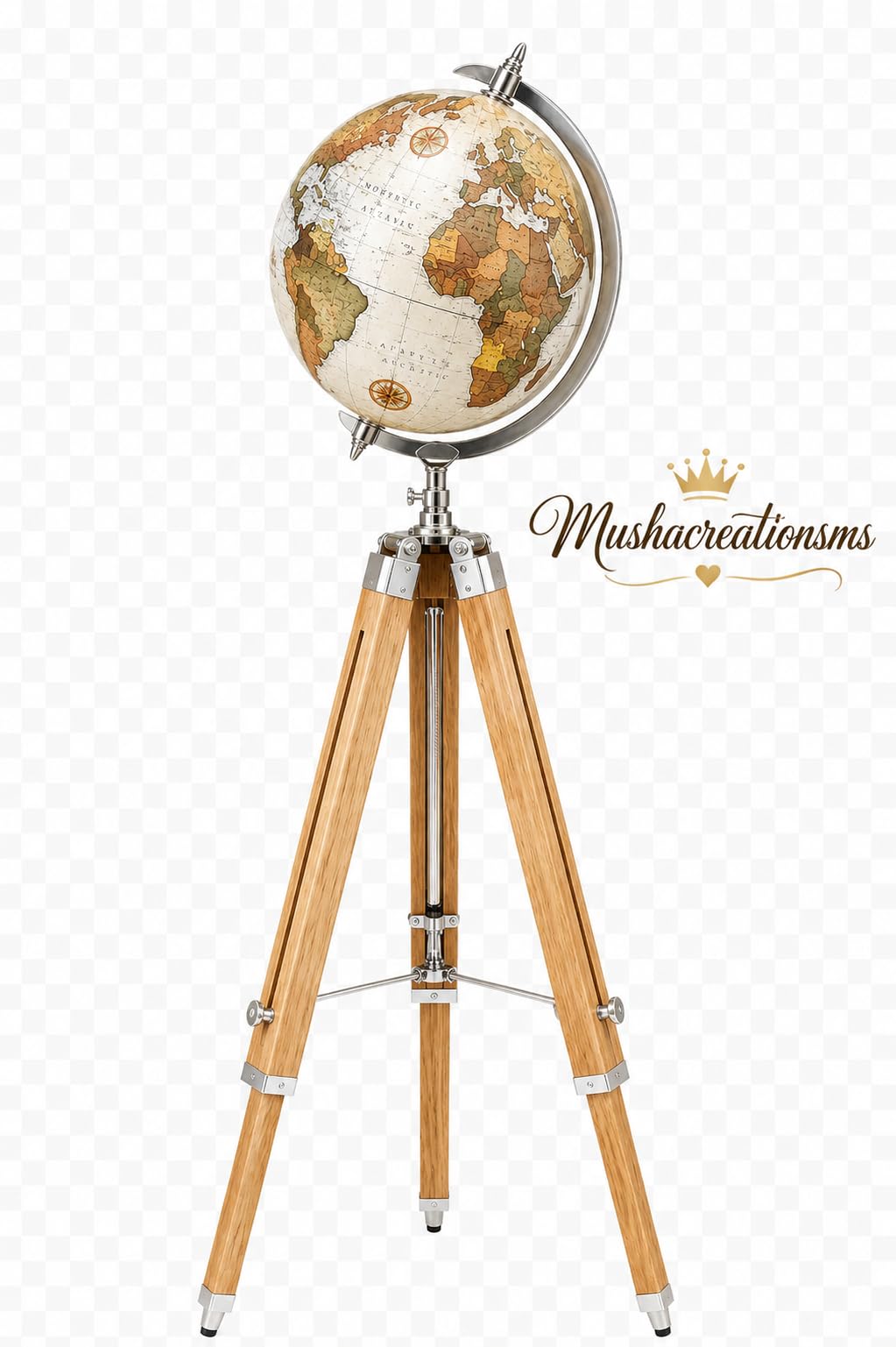 Wooden Tripod World Map Decor Explorer Home Office Accent Globe by Generic – Metal, Multicolor, Model Wtg-worldmap-001
