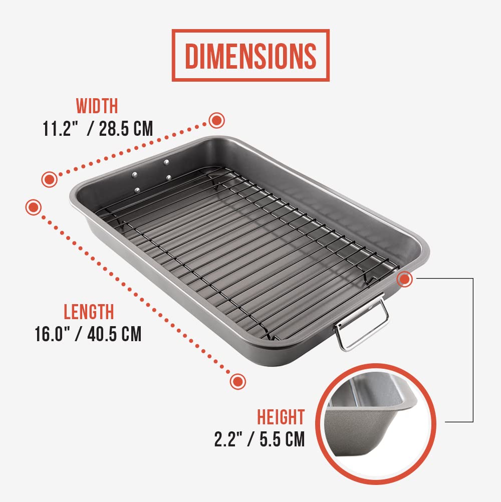 Chef Pomodoro Nonstick Carbon Steel Roasting Pan with Rack, Large, Dark Gray