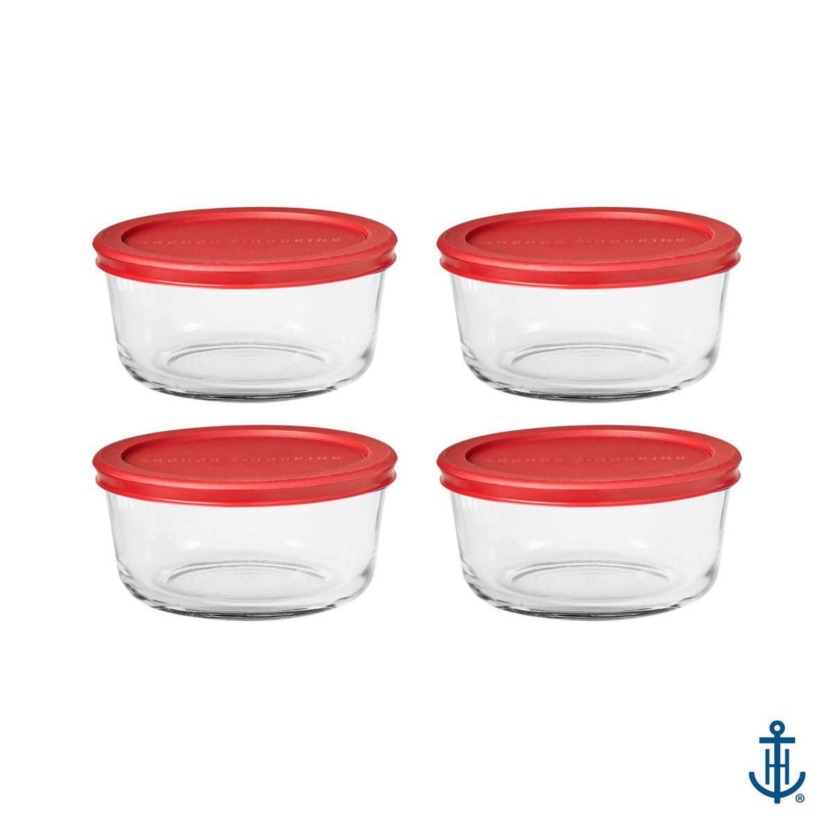 SnugFitTM Round Food Storage Containers with Lids (4-Piece by Anchor Hocking – 4 Cup, 4.0 cups, Glass, Red, Pack of 4