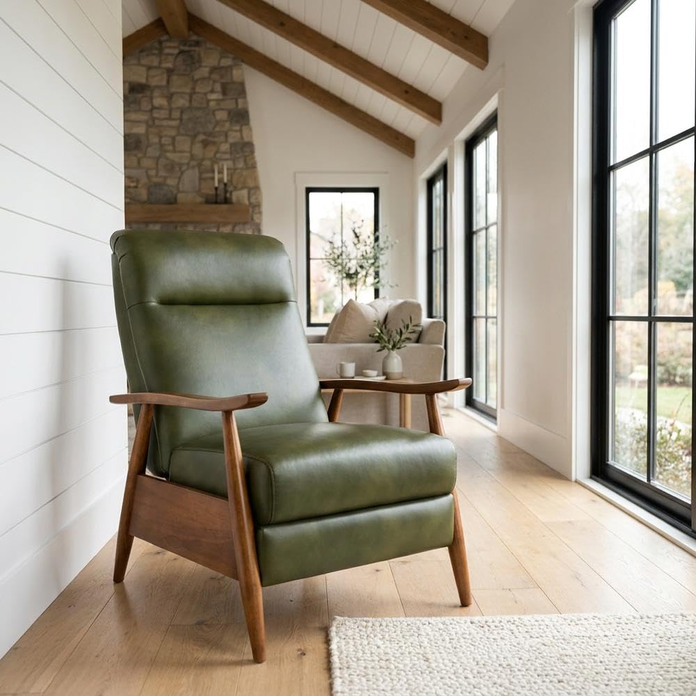 Leather-Gel Wood-Arm Push-Back Recliner Chair by Furnifact – 30 x 34 x 42.5 inches, Hardwood and plywood frame construction, Leather Gel, Green