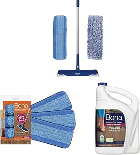 Premium Microfiber Floor Mop & Bona Microfiber Cleaning Pad for Hardwood & Hard Surface Floors - 3 Pack & Bona Hardwood Floor Cleaner Refill - 128 fl oz