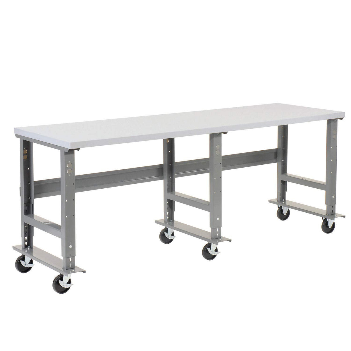 Mobile Adjustable Height Extra Long Industrial Workbench by Global Industrial – 30"L x 96"W x 4"H, Plastic, Gray, Model 601429A