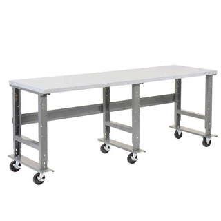 Mobile Adjustable Height Extra Long Industrial Workbench by Global Industrial – 30"L x 96"W x 4"H, Plastic, Gray, Model 601429A