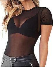 Womens Short Sleeve Sheer Mesh Tops Sexy See Through Tee Blouse Clubwears