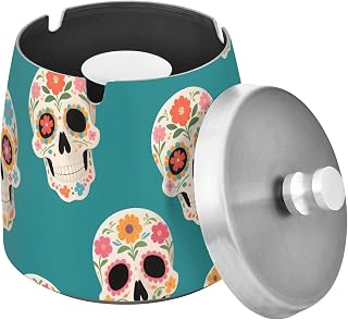 Skull Blue Pattern Splash Ashtray with Lid, Outdoor Ashtrays for Patio
