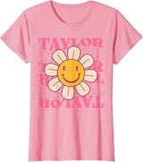 Girl Retro Taylor First Name Personalized Groovy 80's Pink T-Shirt