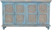Starlight Canyon Home Mango Wood Sideboard with Distressed-Finish Carved Doors, Buffet Cabinet Credenza with Storage for Dining Room, Antique Blue