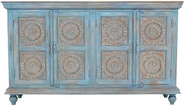 Starlight Canyon Home Mango Wood Sideboard with Distressed-Finish Carved Doors, Buffet Cabinet Credenza with Storage for Dining Room, Antique Blue