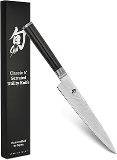 Shun Classic 6" Serrated Utility Knife, Handcrafted Japanese Knife, VG-MAX Core with Damascus Stainless Steel Cladding, Pakkawood Handle, Precision and Sharpness for Professional and Home Chefs