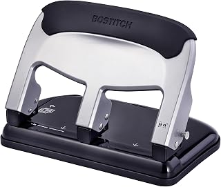 Bostitch Office EZ Squeeze Heavy Duty 3-Hole Punch for Home Office & School, 40-Sheet Capacity, One-Touch Reduced Force, Sleek Silver Design