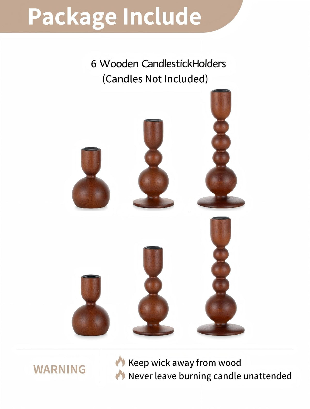 Nuptio Wooden Candlestick Holders, Set of 6, Assorted Heights in Walnut