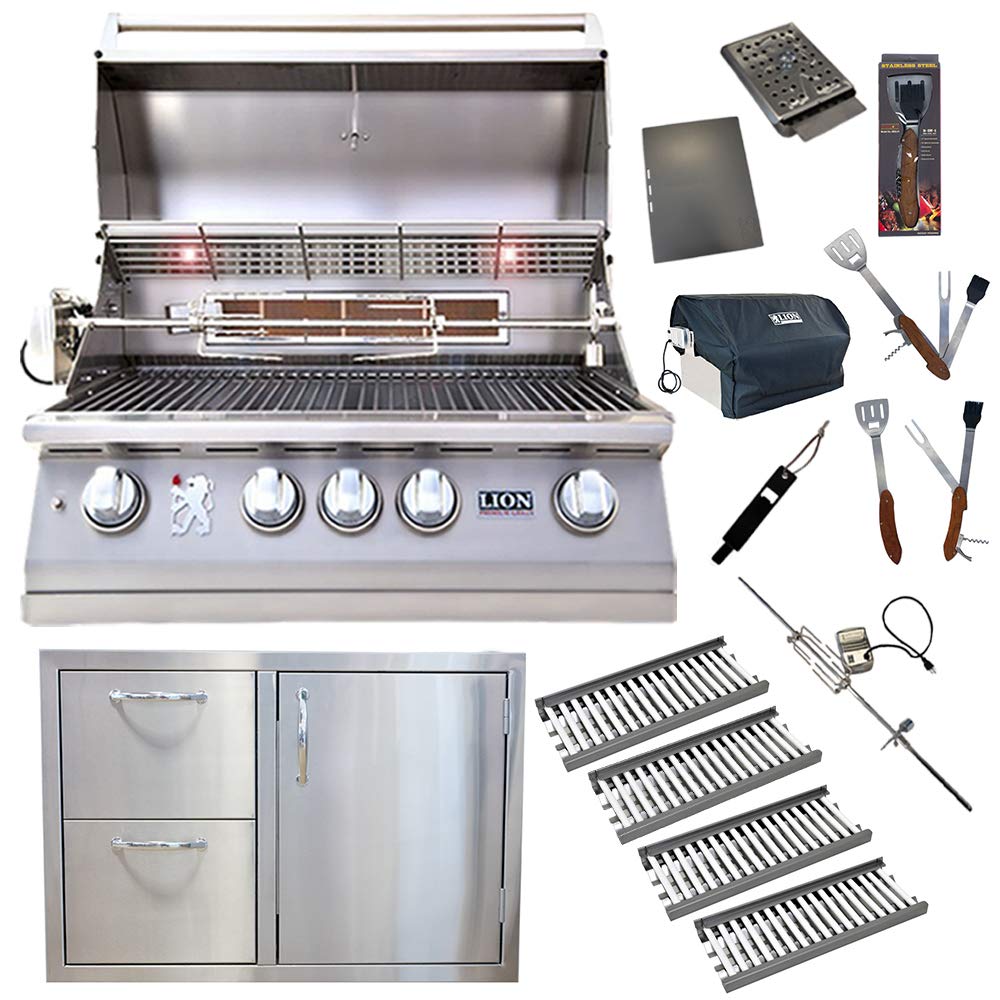 32-Inch Propane Grill L75000 w/ 4 Ceramic Tubes w/ Flame Tray and Made in USA Door/Drawer Como Unit and 5 in 1 BBQ Tool Set Best of Backyard Gourmet Package Deal by Lion Premium