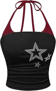 Women's Plus Size Halter Tops Y2k Rhinestone Star Cami Crop Tops