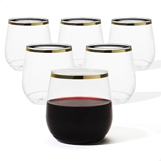 TOSSWARE POP 12oz Stemlesss Gold Rim Wine Glass Set of 48, Premium Quality, Recyclable, Unbreakable & Crystal Clear Plastic Cocktail Glasses