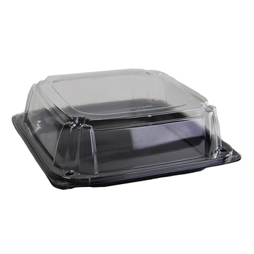 Black 10.7" UltraStack Square Platter with Clear 3" Dome Lid by Sabert – 11", Polyethylene Terephthalate (PET), Black, Pack of 25, Model C9611