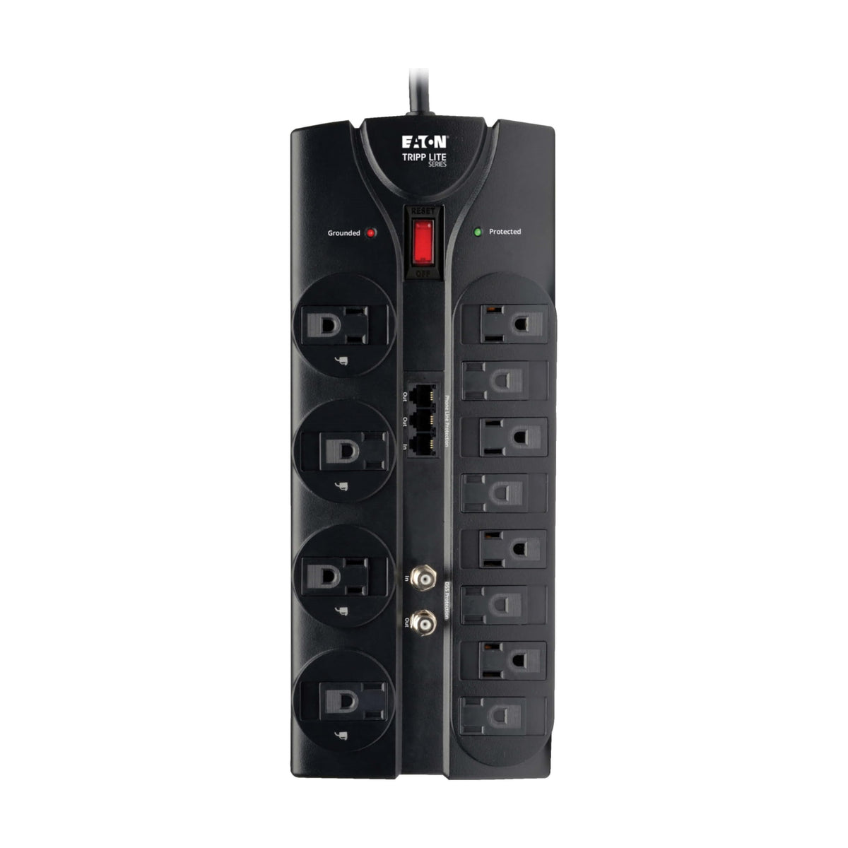 Eaton Flat Plug Surge Protector TV & Phone Ports by TRIPP LITE – 12 Outlets, Plastic, Black, Model TLP1208TELTV