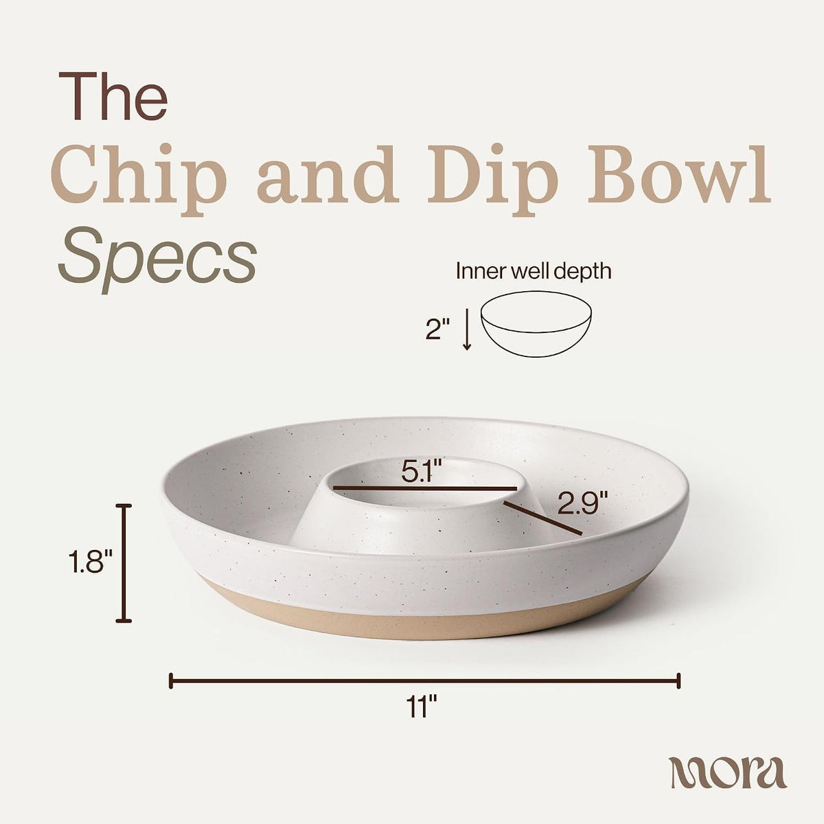 Mora Ceramic Chip and Dip Tray, Large Divided Serving Bowl, Vanilla White