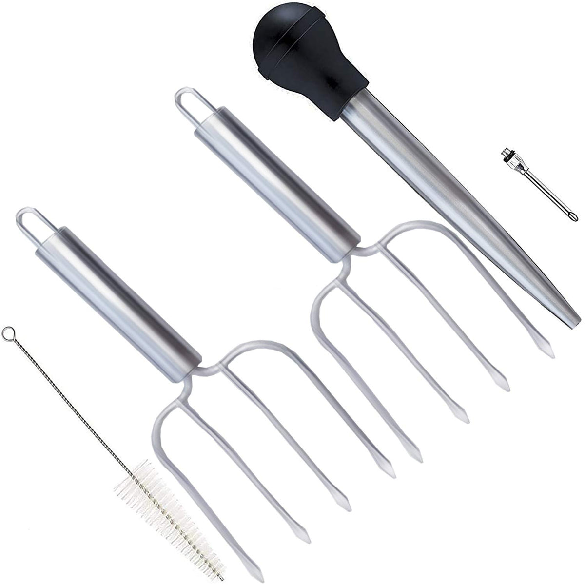MeiAoJia Turkey Baster and Meat Fork Set, Stainless Steel, Silver and Black