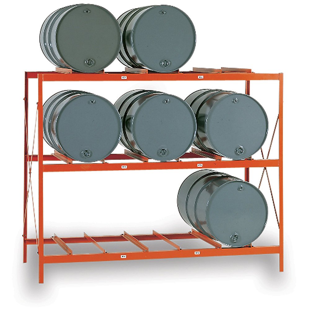 Drum Storage Racks - 9 Drums by MECO – 85.5"L x 34"W x 70"H, Alloy Steel, Orange, Model DR9
