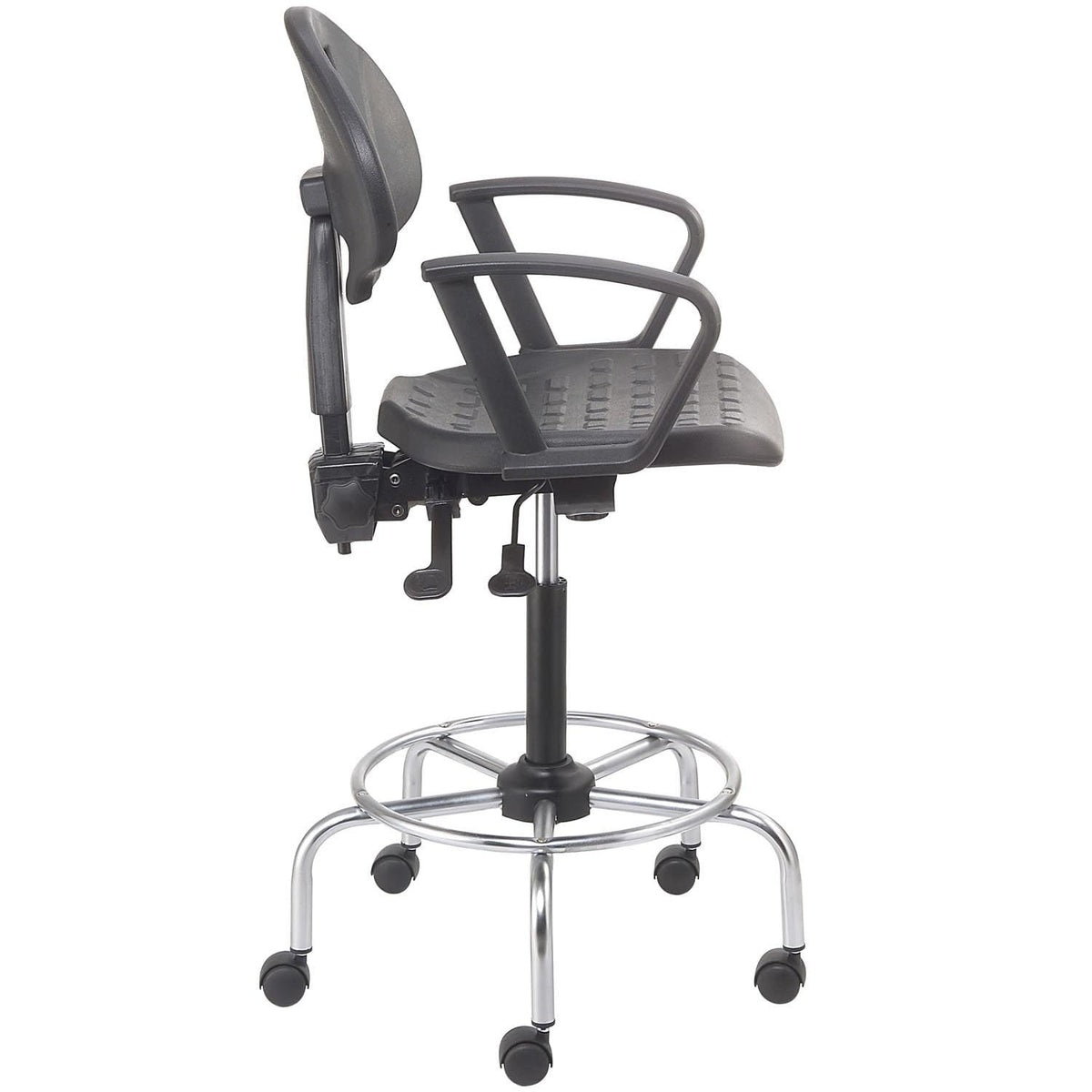 4 Way Adjustable Stool with Chrome Base & Armrests by Global Industrial – 24 inches x 24.5 inches x 9.5 inches, Polyurethane, Black, Model A203TC+19C2ARM