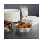 7 in. x 1.46 in. 24 oz. Round Aluminum to-Go Containers - Silver (500/Carton) by Boardwalk – 7 inches in diameter x 1.46 inches in height, 24.0 ounces, Aluminum, Model BWKROUND7
