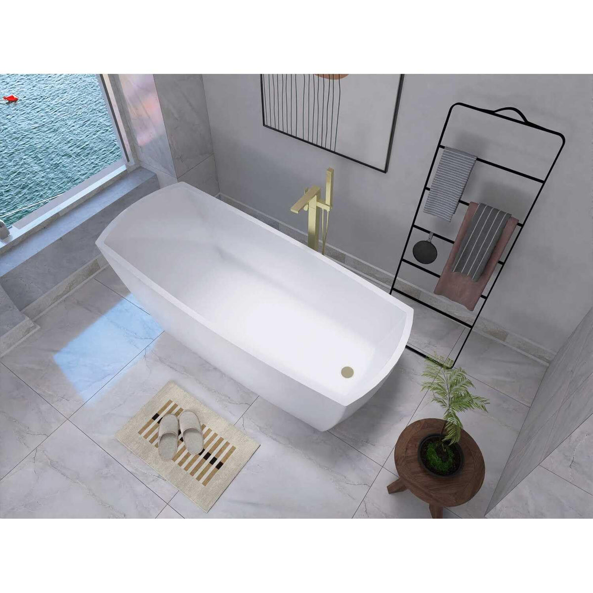 72" Soaking Single Slipper Bathtub in Glossy White/Gold by Elegant Kitchen and Bath – Acrylic, White, Model BT21272GW-BGD