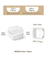 Malacasa Ceramic Baking Dishes, 5.5 x 5.5 Inch Square with Silicone Lids, Set of 2, White